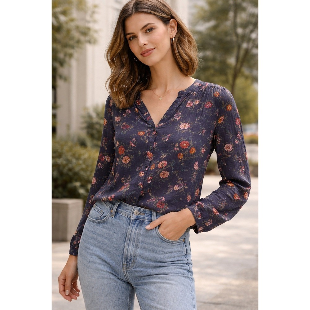 Lucky Brand 100% Modal Floral Blouse Dark Romance Boho Long Sleeve Size S